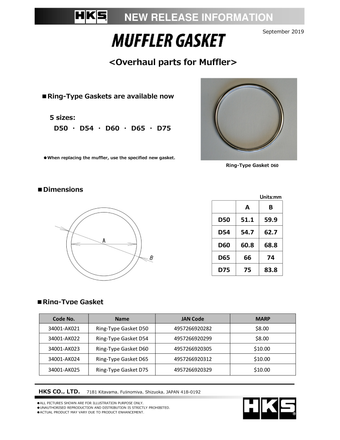 compare product HKS Muffler Gasket 54.7mm ID 62.7mm OD