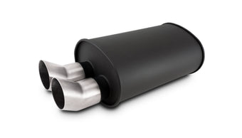 compare product Vibrant Streetpower Flat Blk Muffler 9.5x6.75x15in Body 2.5in Inlet ID 3in Tip OD w/Dual DTM Tips