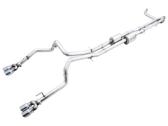 compare product AWE Tuning 22-23 GMC Sierra 1500 AT4X 6.2L 0FG Catback Split Dual (Flat Bumper) - Chrome Silver Tips