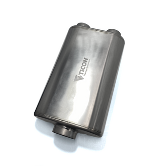 compare product Ticon Industries 17in OAL 3in Thin Oval Matte Finish Titanium Muffler - 3in Center In/2.5in Dual Out