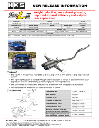 compare product HKS Hi-Power Muffler SPEC-L2 FK8 K20C