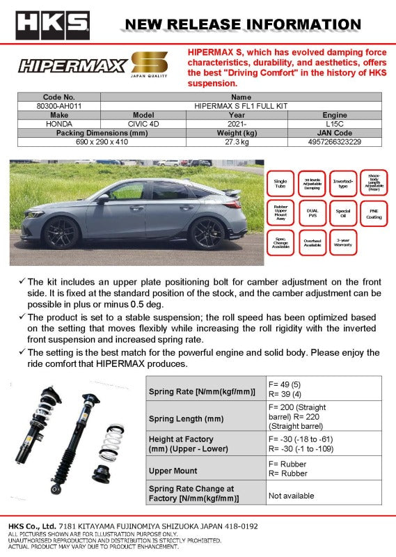 HKS 2021+ Honda Civic (FL1) Hipermax S Full Kit